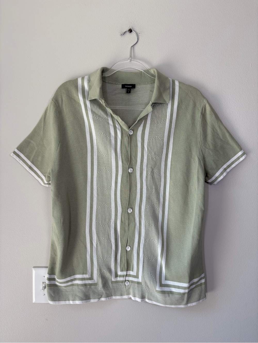Express Geo Striped Border Knit Short Sleeve Button Up Polo Shirt